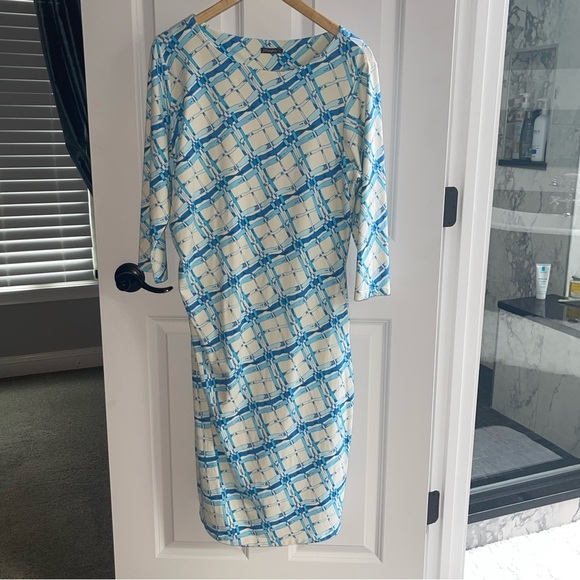 J. McLaughlin Sage Sheath Dress Ruched Blue Lattice Rare Colorway $228 Sz XL - Picture 4 of 8